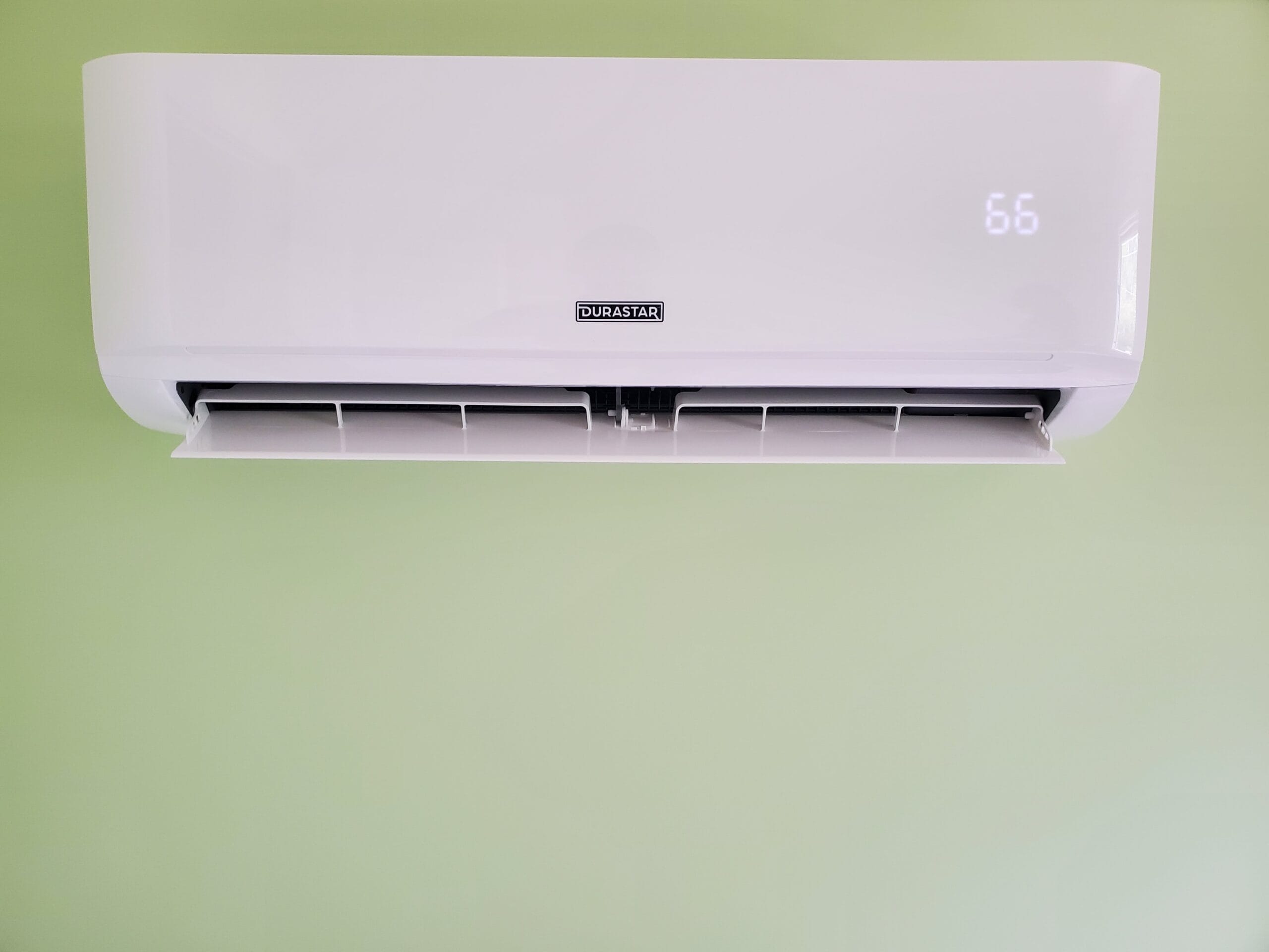 Wall mounted head of a Durastar mini-split heating and air conditioning system.
